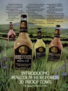 Photo of 1976 ad for Hereford's 30 Proof Cow Spirits, aka the Banana Cow