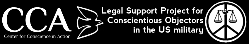 (logo) The Legal Support Project of the Oklahoma Center for Conscience in Action provides free educational materials and information for servicemembers from all branches of the military who are struggling with issues of conscience. We also provide low and no-cost legal assistance to CO applicants stationed world-wide. - Providing zealous representation for military conscientious objector applicants under the provisions of DOD 1300.6 Sec. 7.4.2.1